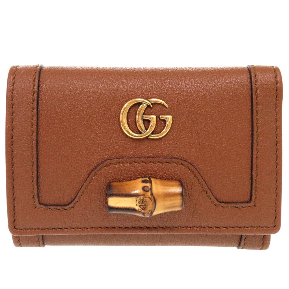 未使用品 バンブー ミディアム 658633 三つ折り財布 レザー ブラウン 0828【中古】 レディース