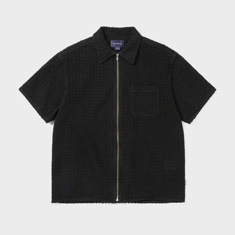 ディスイーズネバーザー Damaged Denim Zip S/S シャツ ブラック