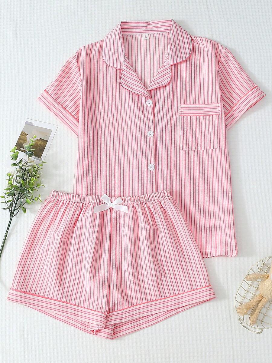 女性用ポロカラー ボタン 半袖トップ ポケット付き リボンショーツパジャマセット 2点快適なストライプ柄ホームウェアに最適春夏
