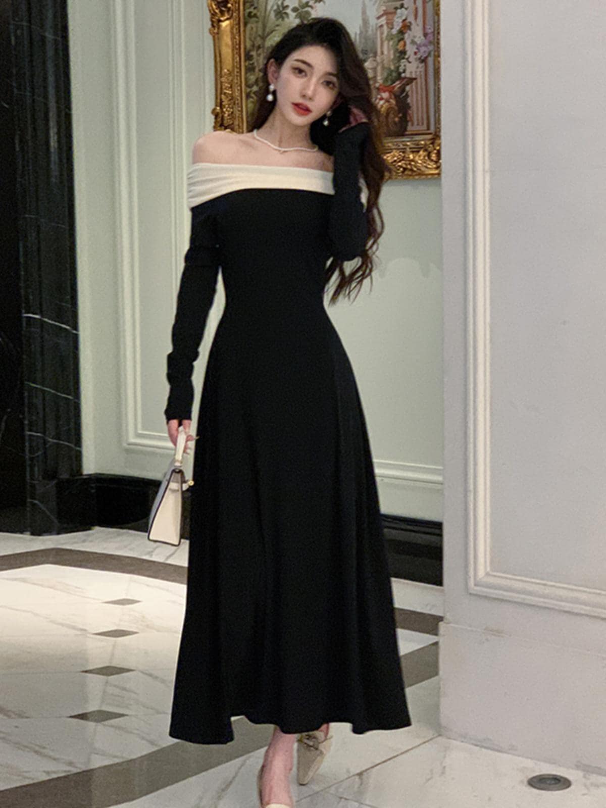 レディース ワンピース 膝下 ロング 長袖 オフショルダー Aライン フェミニン バイカラー かわいい 大人可愛い きれいめ シンプル 上品 おしゃれ ラブリー キュート ロマンティック 無地 秋 冬