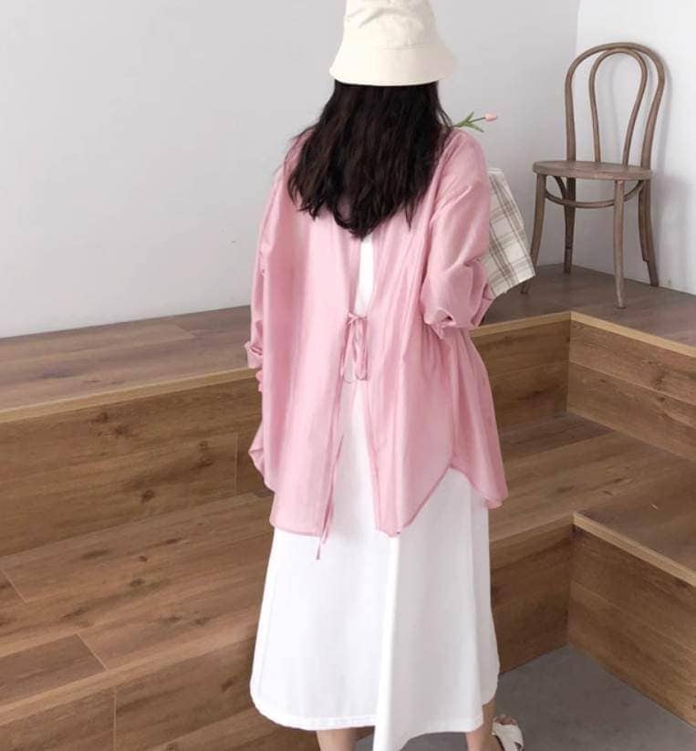 レディース トップス シャツ ロング お尻まですっぽり 長袖 Vネック 襟付き ストレート バックスリット 前開き 透け感 シースルー かわいい 大人可愛い きれいめ カジュアル 上品 おし