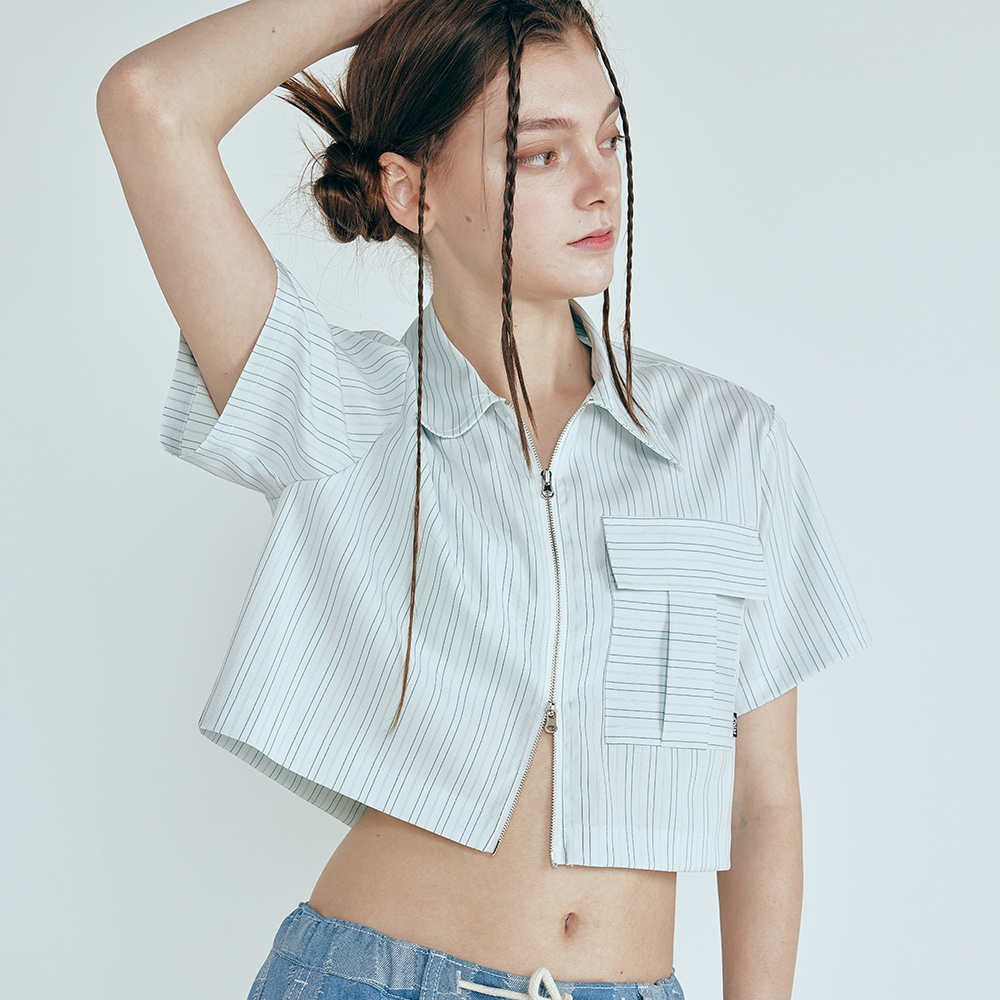 TWO WAY STRIPE CROP SHIRT 双方向 ファスナー ストライプ柄 クロップ シャツ 半袖 トップス