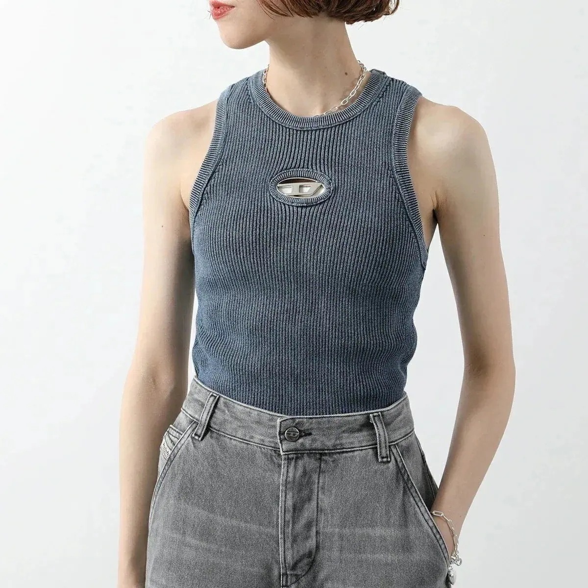 DIESEL ディーゼル タンクトップ M-ANCHOR-A-SL A14817 0ANAH レディース オーバルD リブ ニット ノースリーブ ストレッチ 8