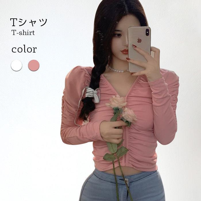 Tシャツ タイト レディース 春 夏 秋 長袖 おしゃれ キレイめ ショート丈 シャーリング シンプル 可愛い 通学 通勤 トップス 春新作 バレンタイン プレゼント