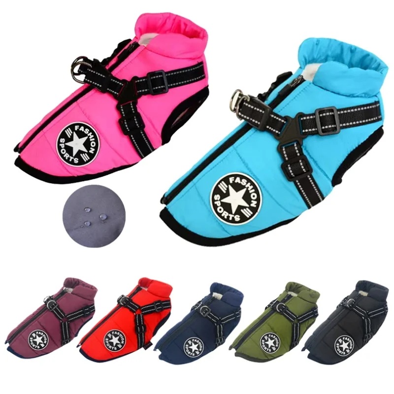 小型犬と大型犬用のハーネス付き防水犬用ジャケット,暖かいコート,子犬用,ペットの変装,フレンチブルドッグ