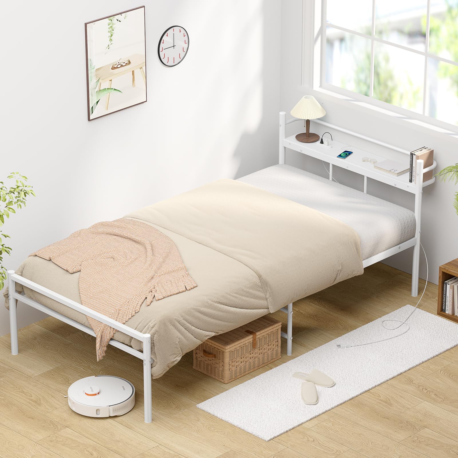 【耐荷重300Kg・2口コンセント】ベッドフレーム シングル 白 Holdm ベッド シ ングル パイプベッドフレーム ホワイト コンセント付き 宮棚 スチールベッド 静音 頑丈なべっどふれーむ 棚付