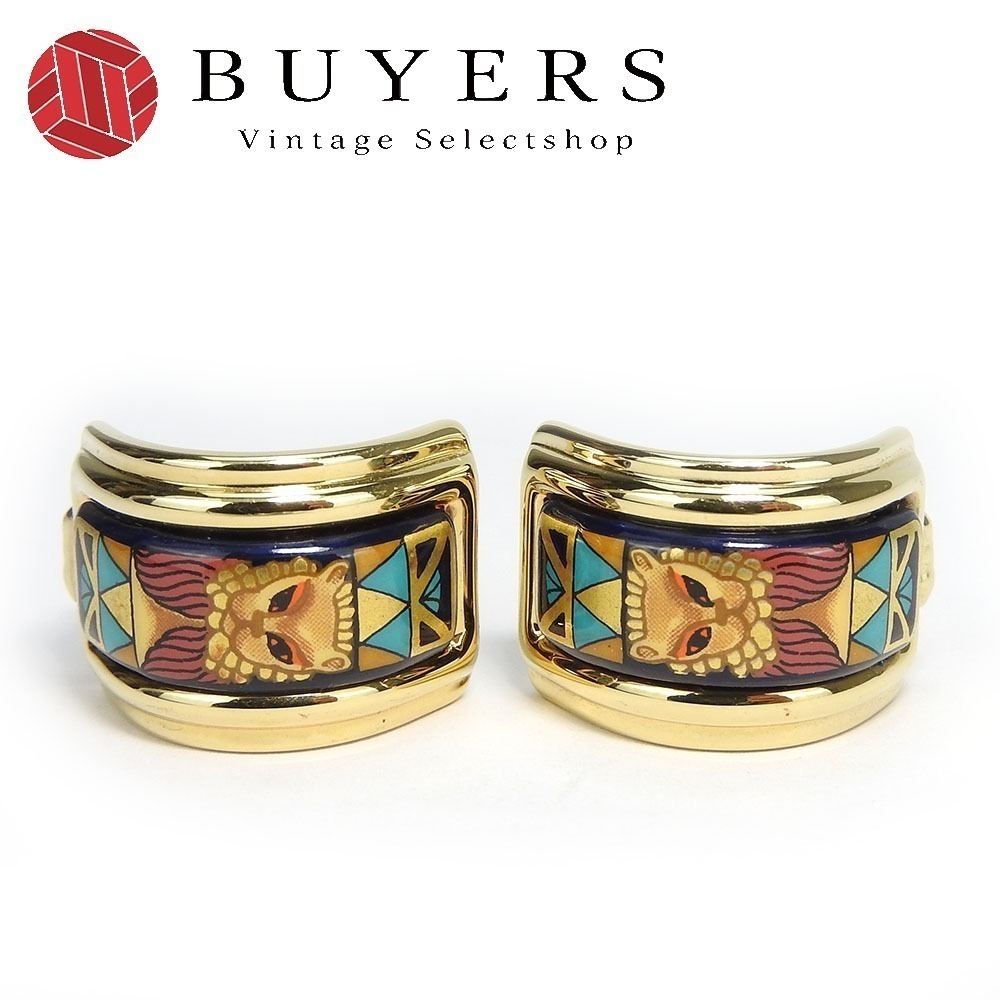 中古 イヤリング エマイユ メタル 七宝焼き マルチカラー ゴールド ネイビーブルー ライオン アクセサリー レディース 女性