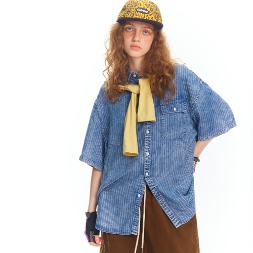 ストライプワークデニムシャツ半袖