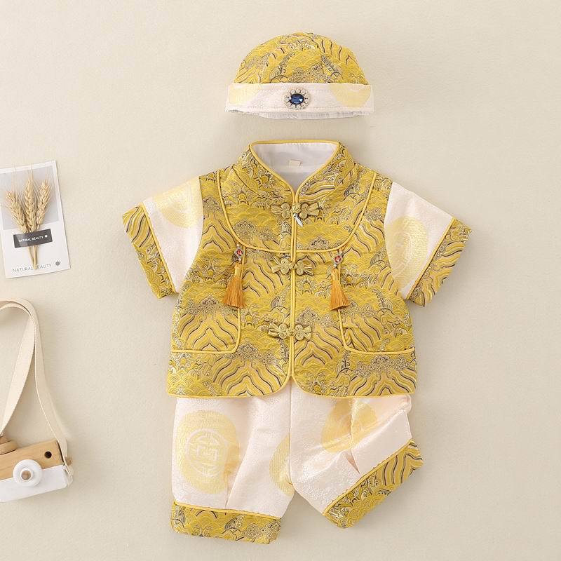 男の子用漢服レトロな中華風の儀式用衣装夏用唐装男の子用薄手冠衣セット