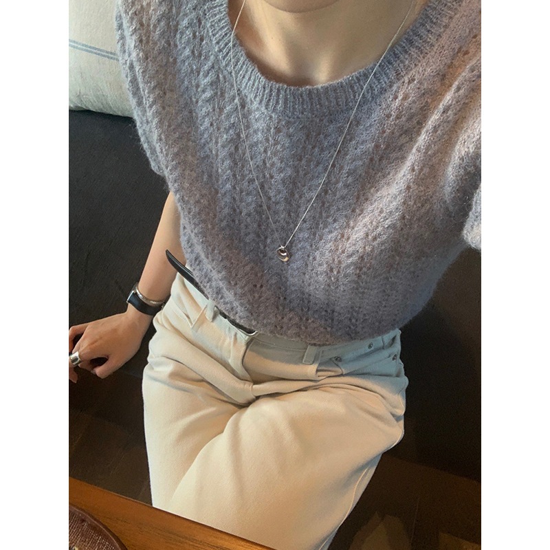 秋中空モヘア半袖セーター韓国風クロップドトップ W1152