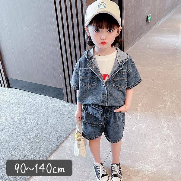 子供服 キッズ 女の子 セットアップ 半袖 半ズボン ショートパンツ カジュアル 夏 おでかけ デニム ジーパン ジーンズ ポケット付き 前開き ボタン フード付き
