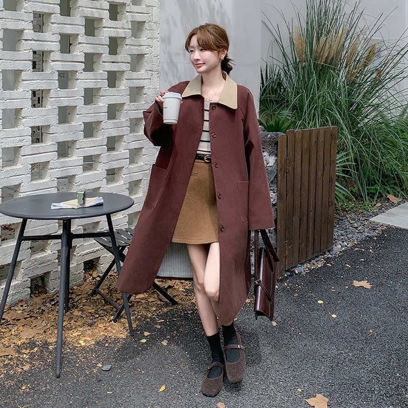 カラーブロッキングロングトレンチコート2024冬の新しいコート女性