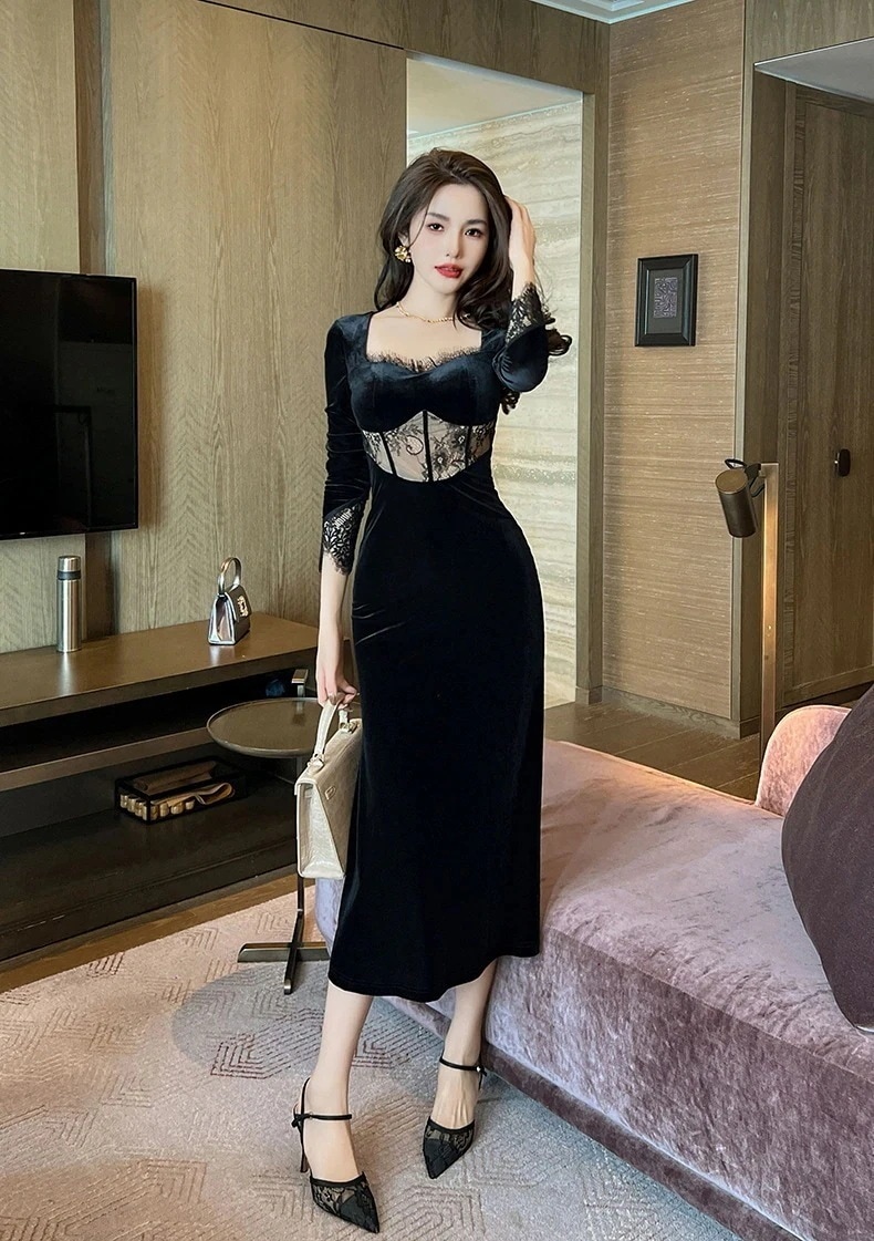 【JY.上品】 2024秋冬 ベルベット マーメイド ロングワンピース パーティードレス キャバ 着痩せ 大人 お呼ばれ 同窓会 披露宴 卒業式 結婚式 ウェディング 二次会 成人式 ロングドレス