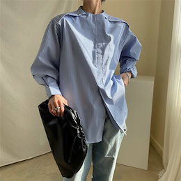 柔らかい履き心地💙激安セール 2021年初春 職場 縫付 ランタンスリーブ ニュースタイル ストライプ 怠惰な風 カジュアル ゆったりする スタンドカラー エレガント シャツ トップス 快適である