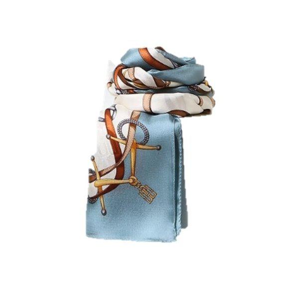 AK水原店 ハンドバッグ ブルー チェーン柄 ロング シルク スカーフ DCSC6E014