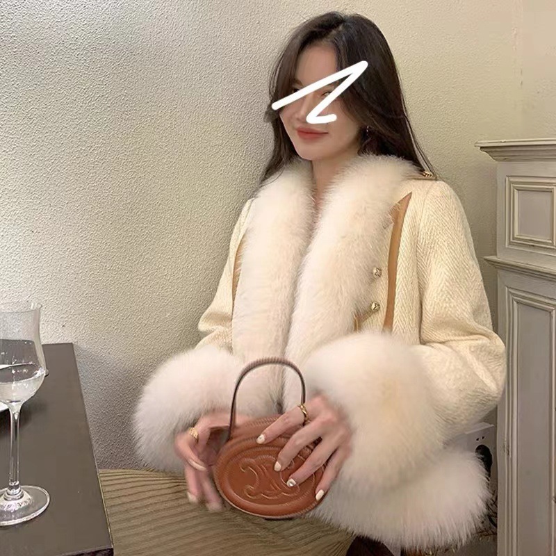 人気デザイン　ファー付き　可愛いツイードジャケット　暖かい