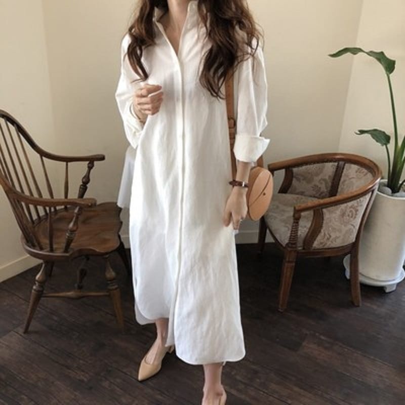 トップス シャツ シャツワンピース ロング丈 ミディアム丈 袖あり 長袖 襟付き ポロカラー ワイド 編み込み 大人女子 こなれ感 ラブリー 個性的 ホワイト 水色 カーキ ピンク ネイビー