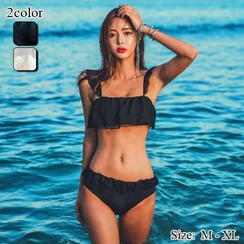 【グラシア】 水着 フリル レディース ビーチウェア スイムウェア 流行 海 プール ガーリー シフォン パッド フリル ふんわり マシュマロフィール ふんわりパッド ビキニ ブラック ホワイト フリ
