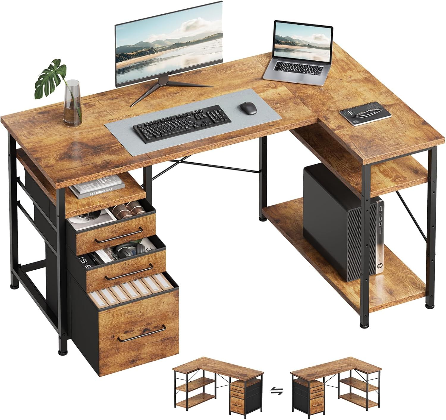 パソコンデスク l字デスク 机 勉強机 学習机 右棚左棚 幅120cm pcデスク コーナーデスク 本棚付き 引き出し付き 幅120cm ピンテージ