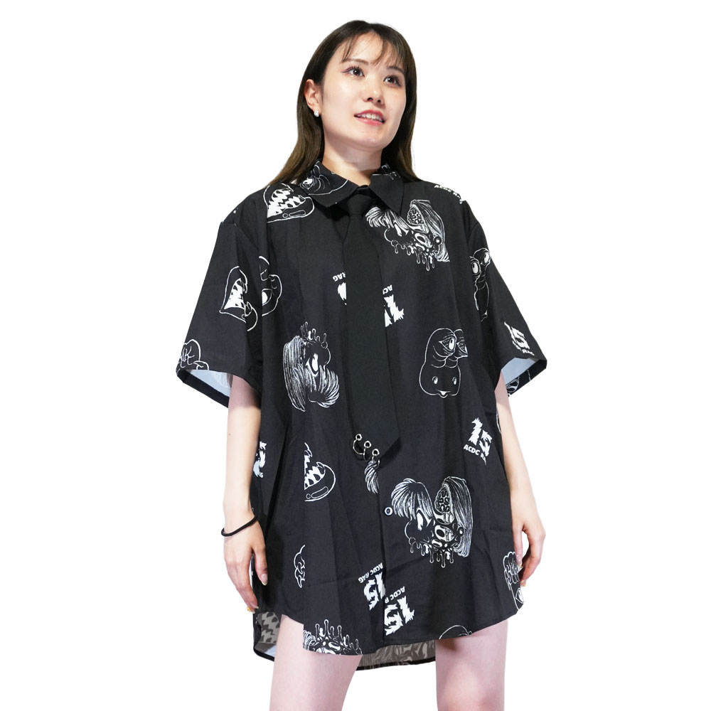 [半袖]脳みそ少女 シャツ 原宿 原宿系 ファッション ichigochan いちごちゃん コラボ イラスト ネクタイ ブラック jr-15sh
