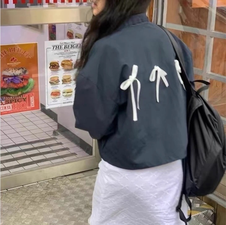 バックリボン ジャケット レディース ショート丈 カジュアル リボン ショートジャケット アメカジ ストリート アウター 羽織り お洒落 リボンジャケット 韓国ファッション