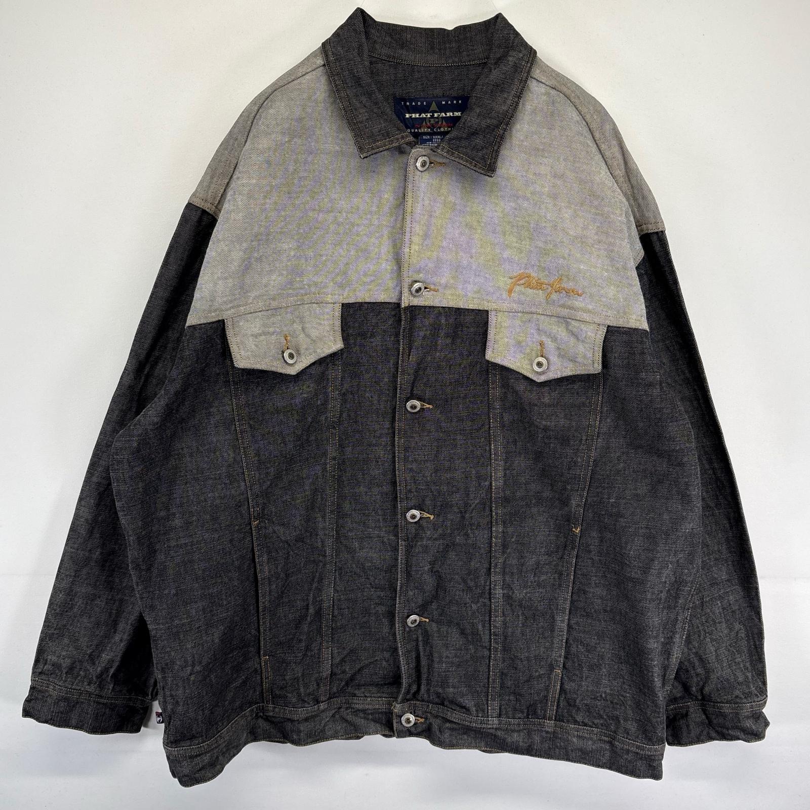 古着 90s/90年代 PHAT FARM デニムジャケット ヒップホップ 大きいサイズ ツートンカラー ロゴ刺繍 ワンポイント 2XL ブラック メンズ