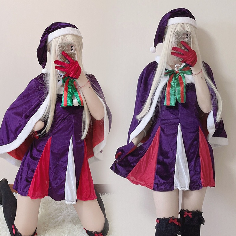 クリスマスコスプレ紫と赤のパッチワークの日本のアニメのクリスマス衣装クリスマスケープとマントのセット