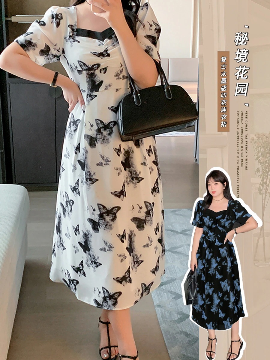 【ぽちゃまに】 夏 蝶柄 ロングワンピース 大きいサイズ 体型カバー レトロ レディース ハイウエスト ワンピース メガ割30%までに制限