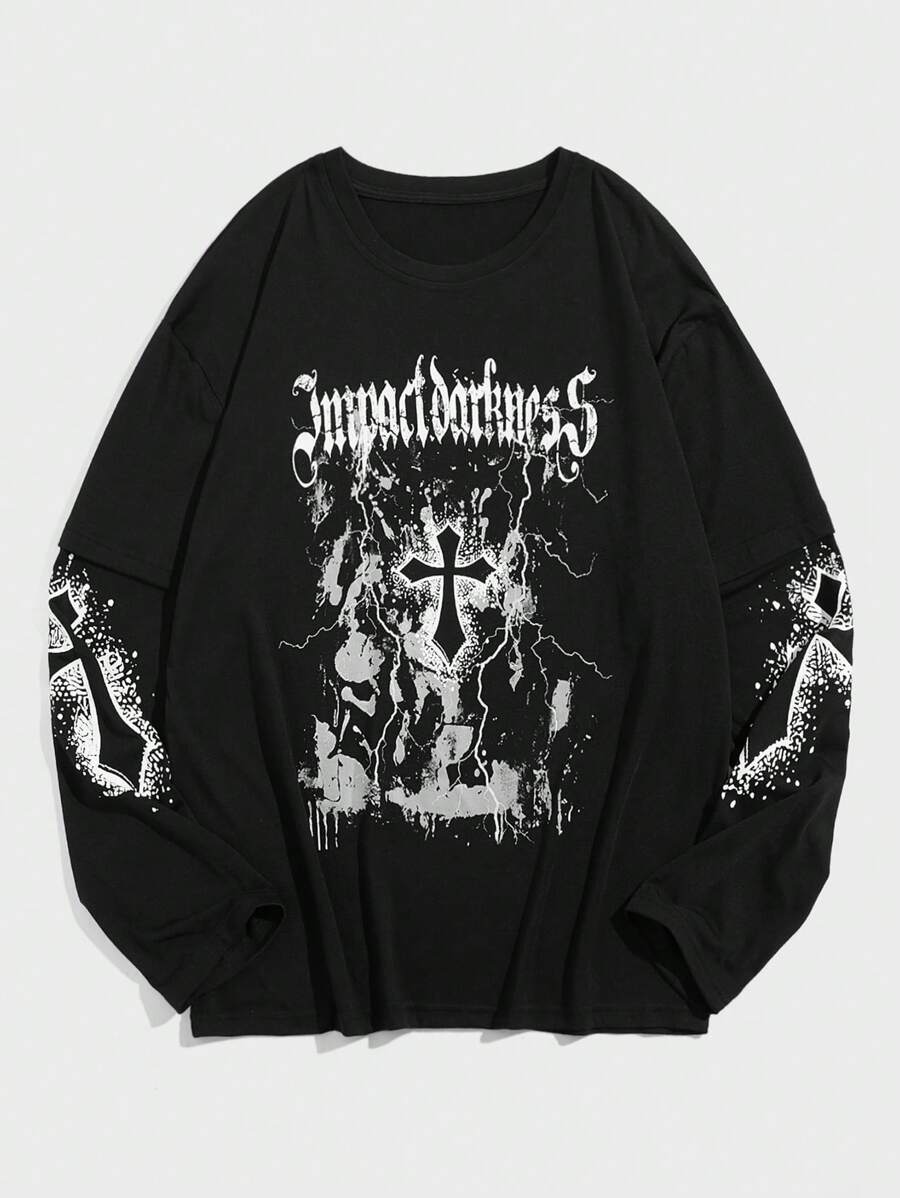 ROMWE MEN Goth クロスレター グラフィック Tシャツ ハロウィン学校秋向け長袖トップス