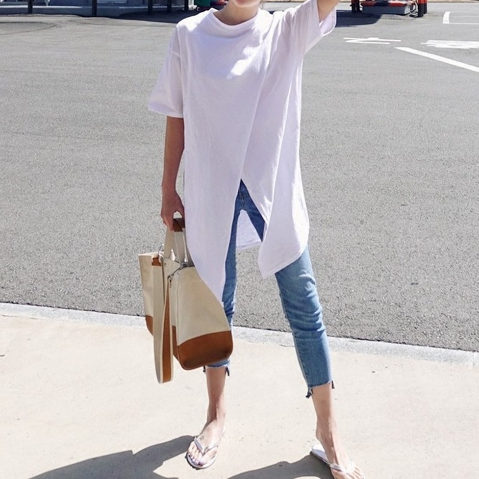 シャツ トップス ロングシャツ Tシャツ ロング Tシャツ ロングスリットTシャツ ラップスリットTシャツ クルーネック 半袖 ロング丈 無地 スリット アシンメトリー ラップ 巻き レディース