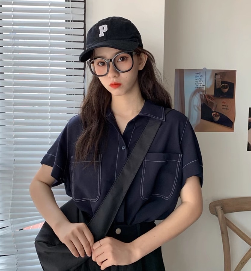 トップス デート モテアイテム シャツ カットソー 半袖 インディゴ コットン ポケット 可愛い きれいめ 上品 おしゃれ かっこいい 可愛い ラブリー キュート ガーリー クール モード系