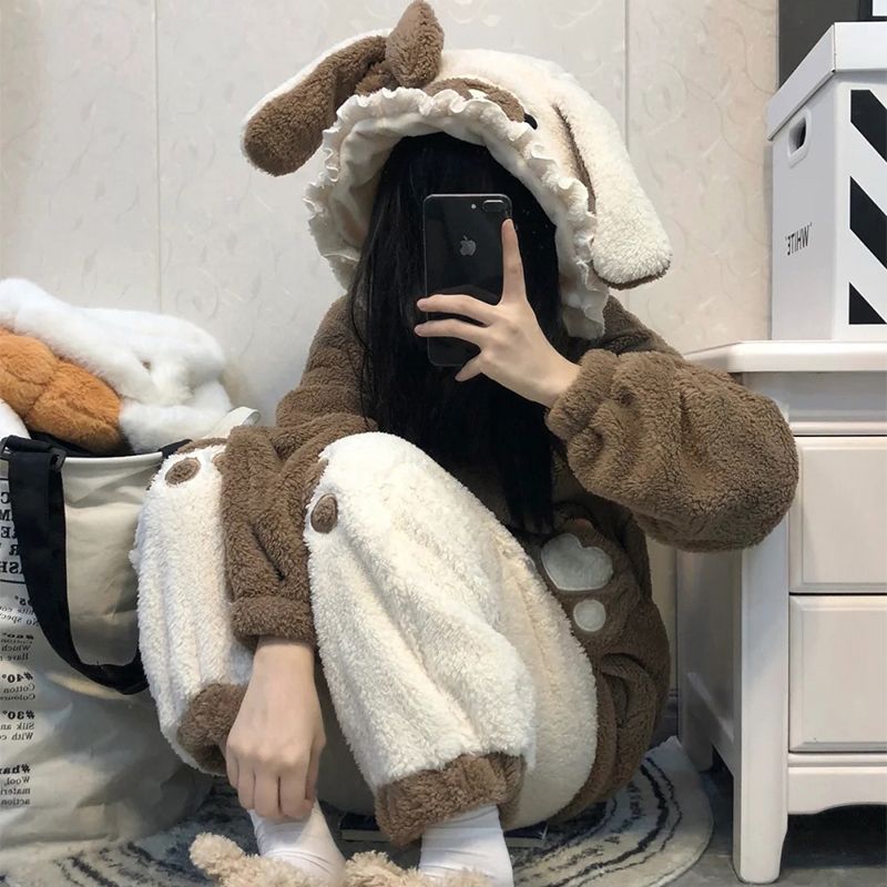 可愛いくまちゃん 屋外 セットアップ屋内 超保温 フード付き 着ぐるみパジャマ 裹起毛 厚手暖かい 部屋着 パジャマ ウェア 二点セット レディース