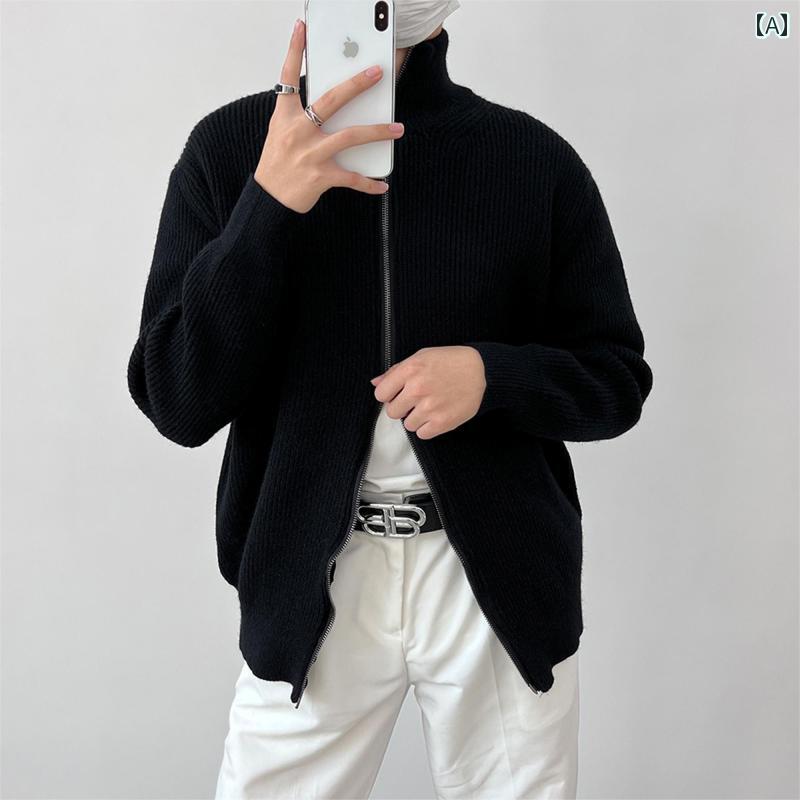 カーディガン メンズ セーター ニット スタンドカラー ジッパー ジップアップ アメリカン 厚手 秋冬 ジャケット ブラック グレー