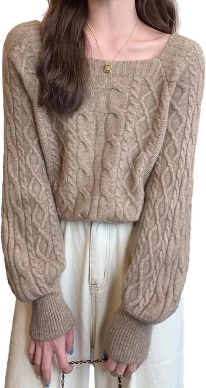 ニット レディース セーター プルオーバー ケーブル編み スクエアネック パフスリーブ ショート丈 カジュアル モード らくちん デート シルエット 体型カバー(ベージュ, M) 5,642円