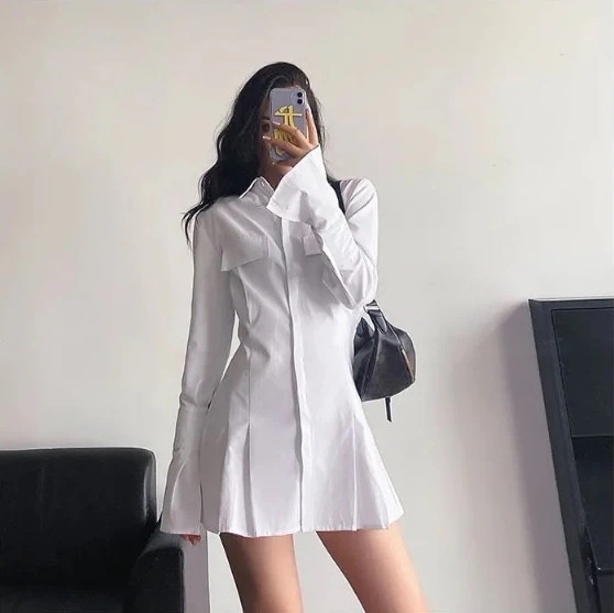ワンピース シャツワンピース ハイウエスト 無地 秋 ボリエステル ストリート 白 ホワイト 長袖 ショート丈 スカート トランペットスリーブ シャツ 白シャツ ショート 袖あり Vネック 襟付き