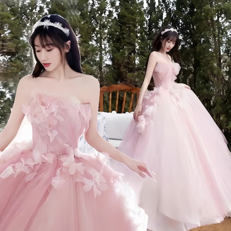 ウェディングドレス カラードレス ロング 演奏会 二次会 結婚式 ピンク パーティードレス 花嫁 花飾りのドレス