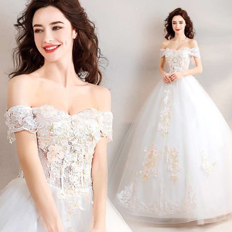 ウェディングドレス 花嫁 オフショルダー ウエディングドレス ブライダル 白 レーススカート 結婚式 プリンセスラインドレス 二次会 パーティードレス 15,893円