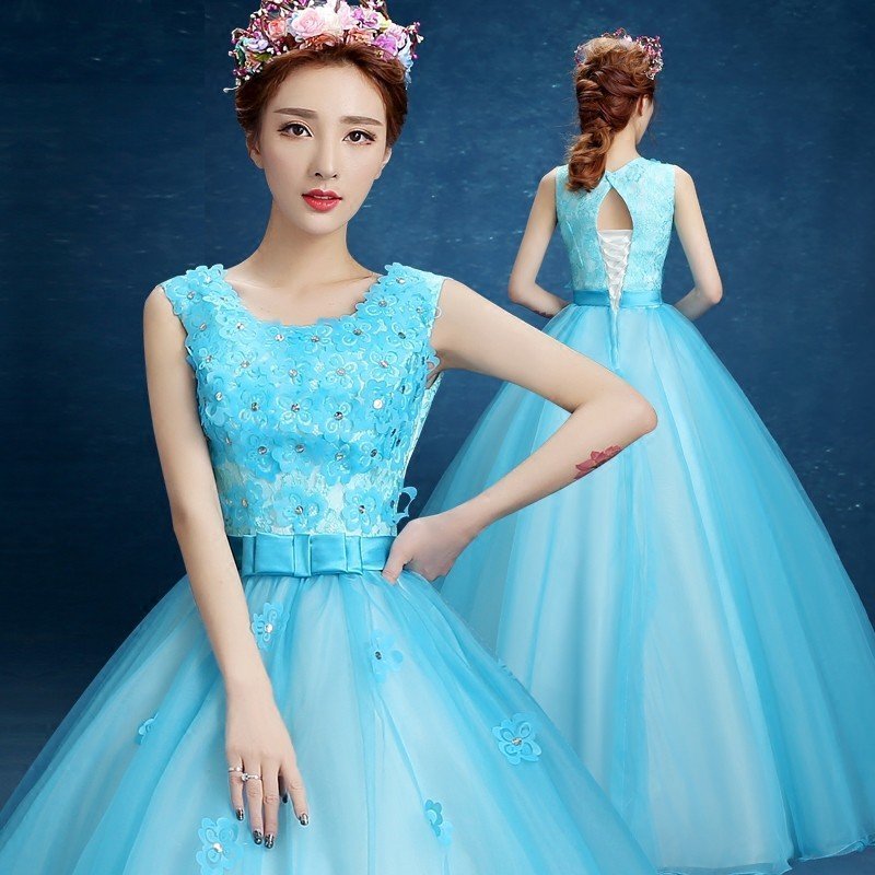 ウェディングドレス カラードレス 青 演奏会 安い パーティードレス 披露宴 二次会 ロングドレス