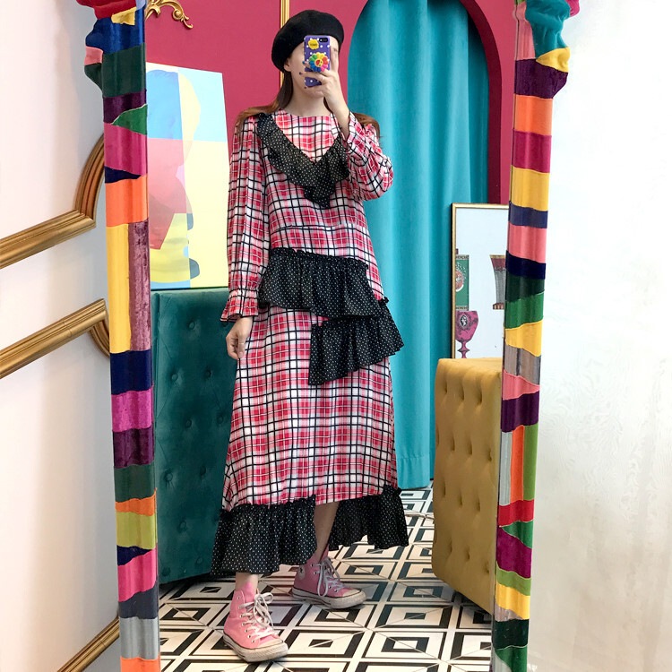 ワンピース ロング丈 長袖 ラウンドネック Aライン フリル かわいい 大人可愛い チェック柄 春