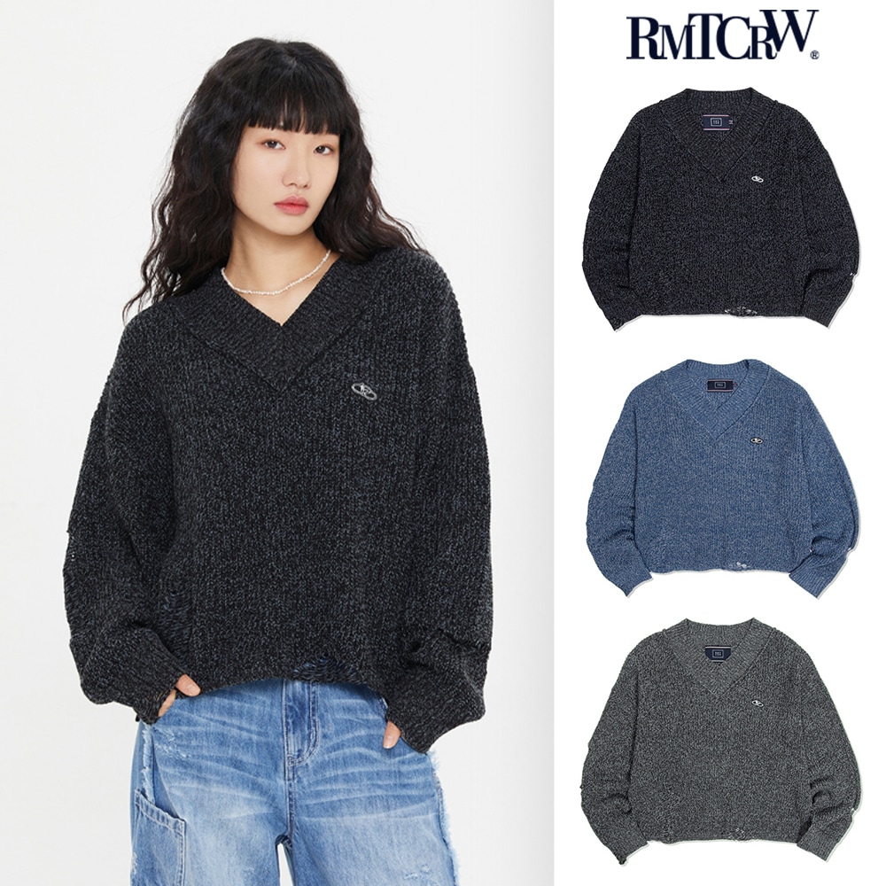 【ROMANTIC CROWN】 DAMAGE V NECK KNIT
