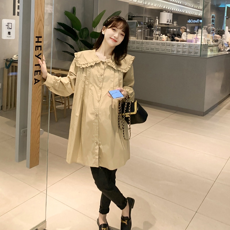 【送料無料】マタニティ シャツ ブラウス 襟付き フリル タック 長袖 レディース 可愛い