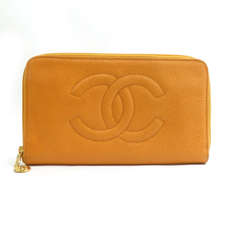 シャネル CHANEL ラウンドファスナー長財布 キャビアスキンレザー オレンジ レディース r10640a