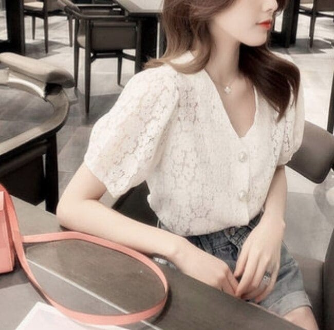 トップス デート カットソー かわいい 大人可愛い きれいめ シンプル カジュアル 大人 上品 Vネック 半袖 レース 刺繡 春夏 ガーリー パールボタン ホワイト カーディガン XL 韓国 コーデ 4,623円