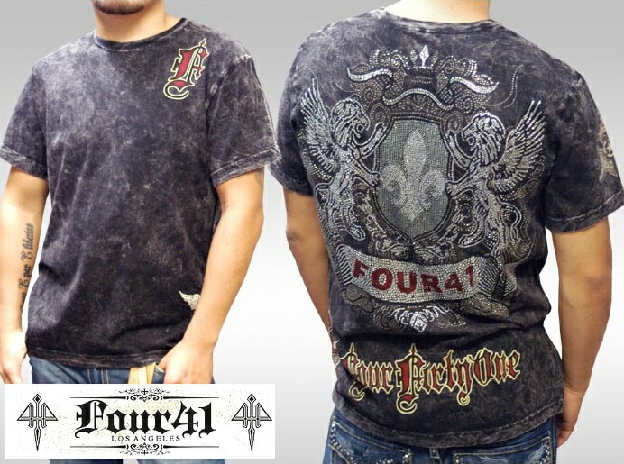 Four41 Los Angeles フォーフォーティーワン メンズ ラインストーン Tシャツ 4.41エンブレム ブラック k-85 スワロフスキー インポート セレブ ブランド ストリート LAセ