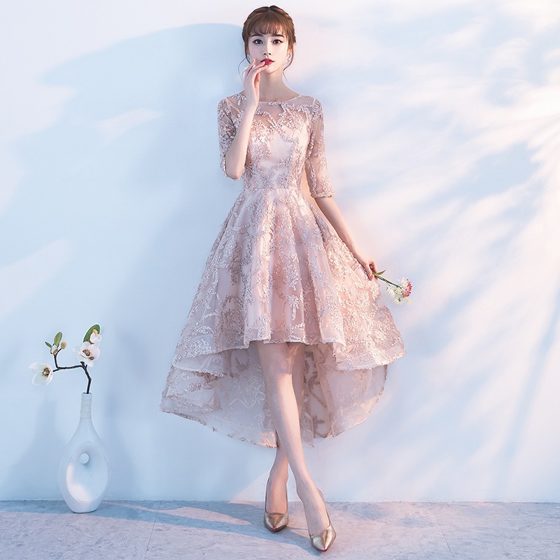 ドレス 衣装 カクテルドレス ミニワンピース フレアワンピース ミニドレス 5分袖 ラウンドネック ミニ丈 ウエストマーク 刺繡 シースルー ステージドレス 発表会 かわいい 大人可愛い きれいめ