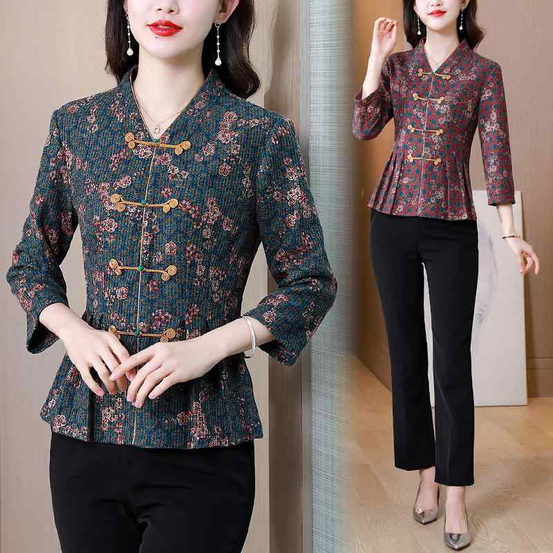 ブラウス レディース ファッション 花柄 トップス 秋 レイヤリング シャツ 長袖 Tシャツ チャイナ風 ボタン エレガント クラッシック カジュアル 6,256円