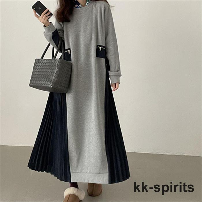 ドッキングワンピース レディース カジュアル 秋 切り替えワンピース 春秋 ワンピース ロング丈 サイドプリーツ 切替デザイン ロング aライン 大きいサイズ ワン