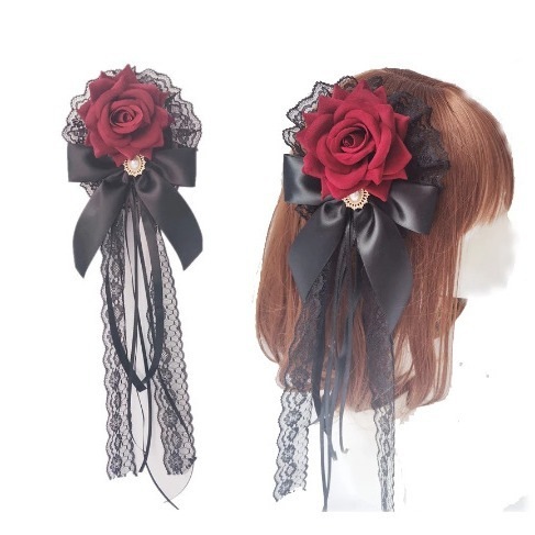 パレス風ロリータクラ ヘアアクセサリー ベルベット ロゼット ヘアピン ゴスロリ ハンドメイド ダークでセクシーなヘア