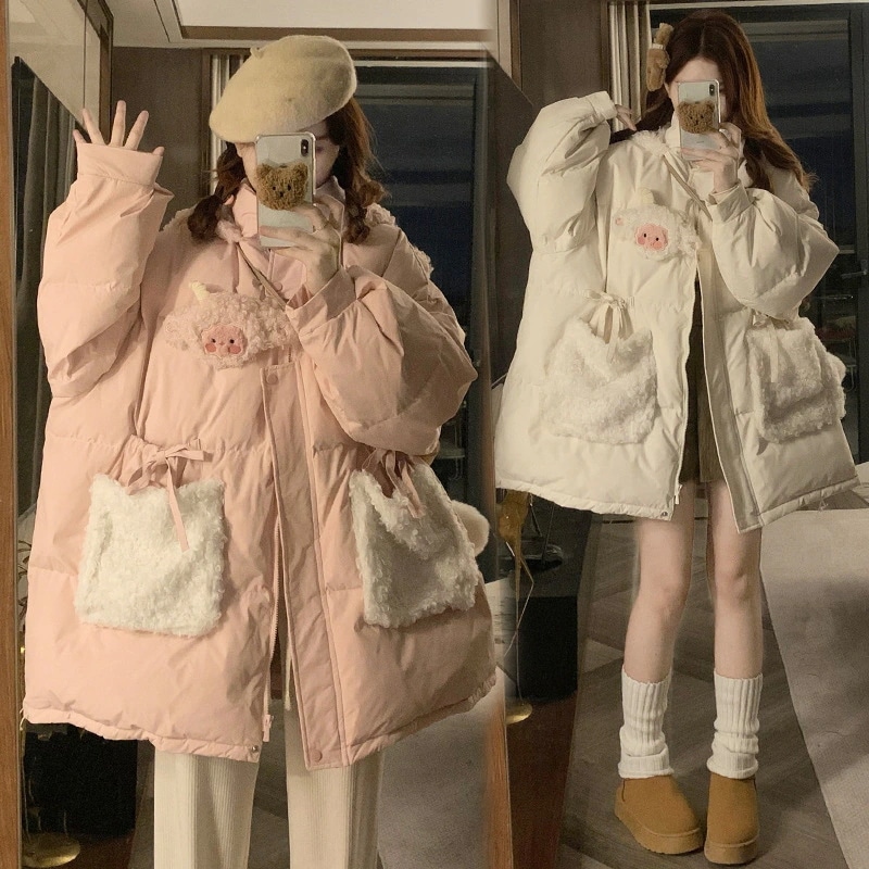 最安価挑戦2026年 大きめサイズ レディース ウィンター ソフトで可愛い ラムファー付きフード付きピンクコート ミドル丈 厚手 綿入れコート 学生用