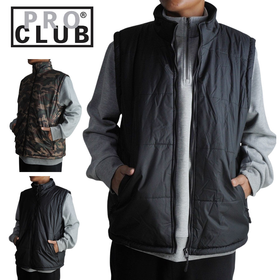 プロクラブ PRO CLUBメンズ ベスト125 PADDING VESTパディングベストBLACKブラック CAMO カモフラージュ中綿 男女兼用 フ